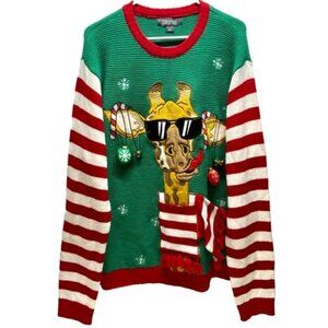 33 Degrees Christmas Sweater Men's XL Multicolor + Giraffe Scarf Beverage Pocket